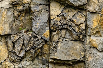 Craggy layered rock face with fissures and mossy sprouts