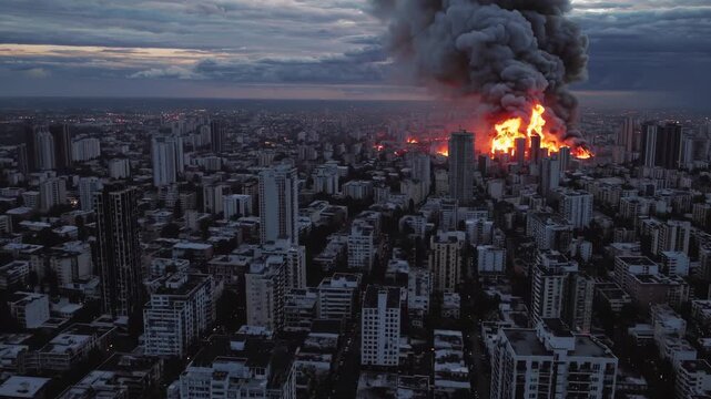 City burns with fire and fire. Smoke and smoke fill sky. Destruction breaks skyline. Night disaster spreads fast. Explosion after explosion fuels apocalypse, destruction, and total fire disaster