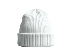 Crisp white ribbed knit beanie, folded brim, against black