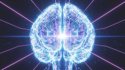 Artificial Intelligence Concept with Glowing Digital Human Brain and Neural Network Circuitry on Dark Background