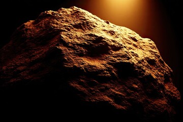 Illuminated craggy rock formation against a dark background