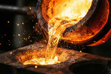 Molten metal casting with glowing liquid steel and sparks in industrial foundry