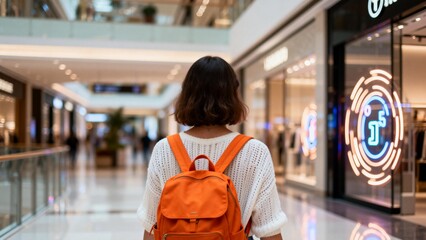 Person with orange backpack in shopping mall