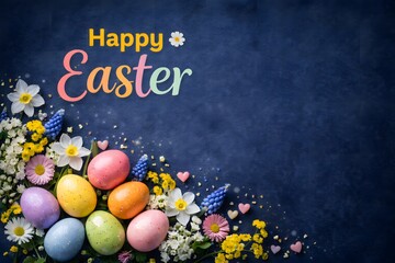 Spring-like still life: &ldquo;Happy Easter&rdquo; lettering with daffodils and colorful eggs