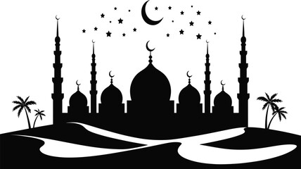 Grand Mosque Silhouette Vector Black and White Islamic Architecture Illustration
