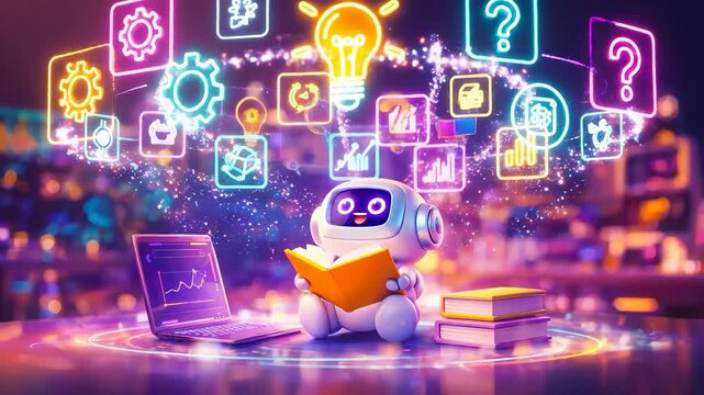 Cinematic digital workspace with adorable white robot reading an orange book, glowing purple eyes, floating holographic learning icons, and neon energy