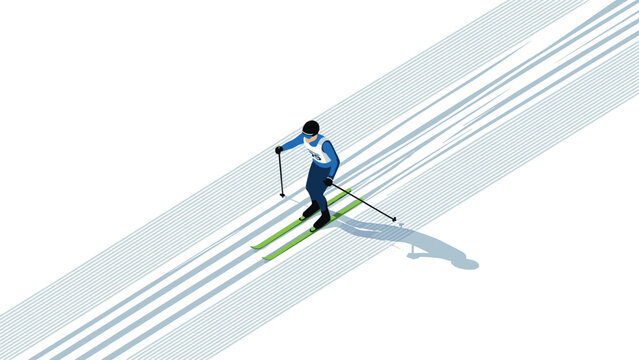 Isometric cross-country skier on snowy trail in blue and green gear