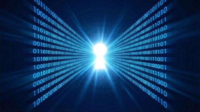 Cyber security technology concept with glowing digital padlock and blue binary code data stream background for internet safety privacy protection encryption and secure network global system - Powered by Adobe