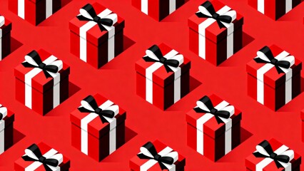 Red gift boxes with black and white ribbons
