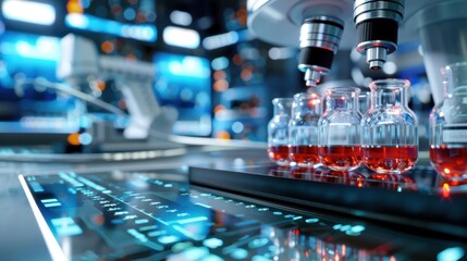 Laboratory Microscope Analyzing Vials of Red Liquid in High-Tech Research Environment with Bright Lighting and Modern Equipment