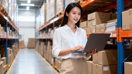 Woman working with laptop in warehouse