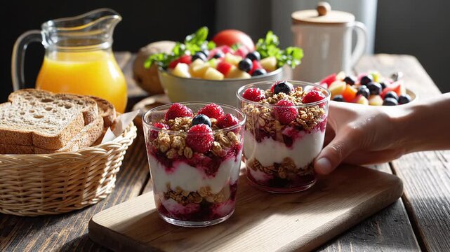 Healthy breakfast with yogurt parfait and fresh fruit on a wooden table