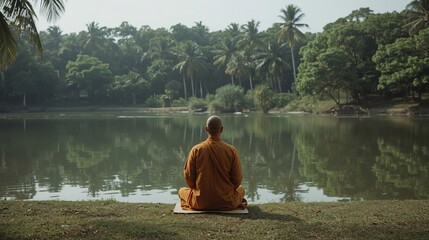 Peaceful meditating sitting near calm green lake water in tropical forest nature background concept for mindfulness spiritual zen yoga and mental wellness relaxation