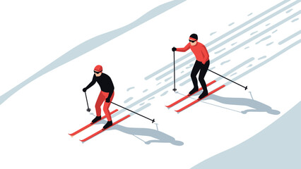 Isometric winter skiing adventure with red and black outfits on snowy slope