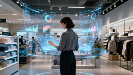 Woman interacting with holographic data in store