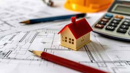 Miniature House Model on Architecture Blueprints with Construction Tools and Calculator for Real Estate and Building Planning