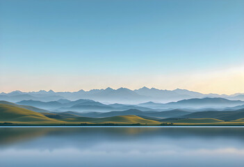 Obraz premium Soft morning light shines over rolling green hills and a calm reflective lake with distant blue mountains and a clear sky creating a peaceful and tranquil landscape