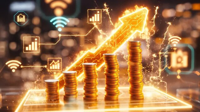 Cinematic scene of rising golden coin stacks on glossy platform with glowing neon arrow, radiant energy trails, and exponential financial growth