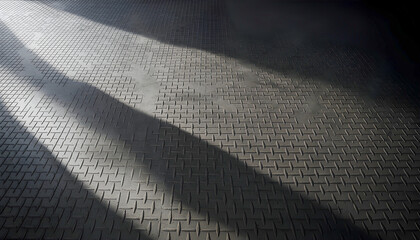 Soft light casts long shadows over a dark patterned metal floor with repeating geometric shapes creating an industrial atmosphere and a textured visual effect