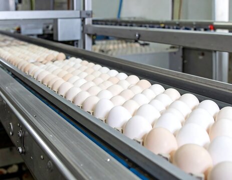 Eggs moving on a conveyor belt in a processing plant