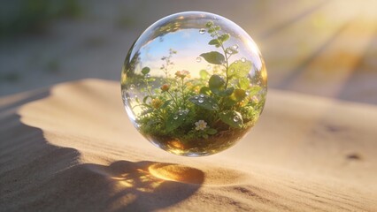 A transparent sphere with mini garden inside reflects a blue sky and sand landscape over the earth like a light abstract globe representing global ecology and the world