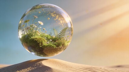 A transparent sphere with mini garden inside reflects a blue sky and sand landscape over the earth like a light abstract globe representing global ecology and the world