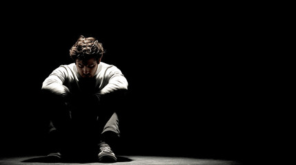 A man is sitting on the floor with his hands on his knees