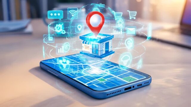 Cinematic miniature brick storefront with warm sunset light, glowing smartphone projecting holographic shopping cart, e-commerce and delivery scene