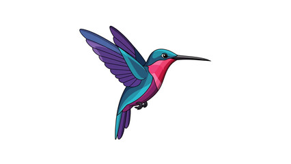 Fototapeta premium Vibrant hummingbird illustration in mid-flight, showcasing brilliant tropical colors of purple, blue, and pink, capturing the essence of agility and natural beauty in a stylized vector design