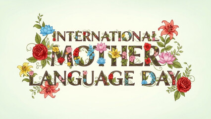 International mother language day celebration with colorful floral design and typography on cream background with Cultural diversity and Multicultural