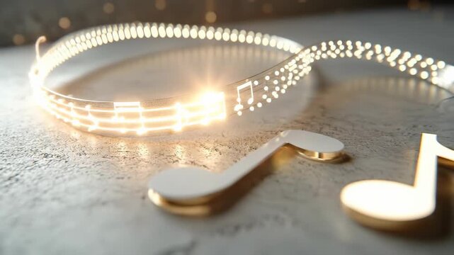 Radiant music notes stream across a grey concrete texture, emitting bright light. Golden symbols convey creative rhythm and vibrant dynamic harmony, inspiring audio waves.