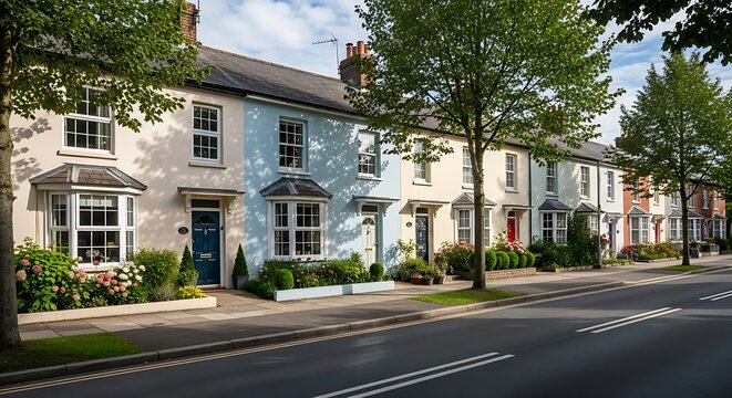 Row of colorful, well-maintained residential houses lines a quiet suburban street under a bright sky