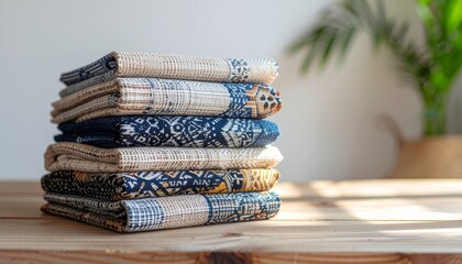 Folded afrohemian textile fabric stack on wooden surface, boho decor background