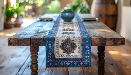 Afrohemian woven table runner on wooden table, boho dining decor background