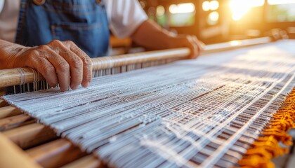 Loom threads and woven fabric detail with artisan hands blurred, craft textile background