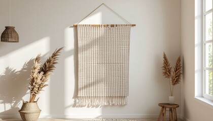 Afrohemian woven textile wall hanging in boho interior with soft natural light
