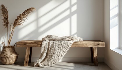 Woven textile on wooden bench with soft shadows, minimal boho interior background