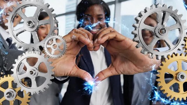 P624-Technology And Unity or industry partnership as heart hands in a group of diverse people connected t 4K 10s