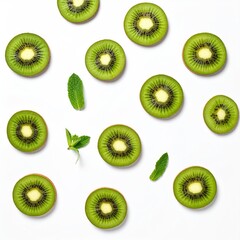 Fototapeta premium Sliced kiwi fruit and mint leaves scattered on a bright white surface