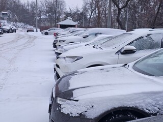 Snow covers parked cars in a lot on a winter day in a city surrounded by trees
