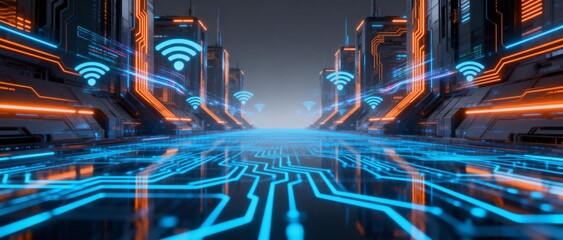 Futuristic cityscape with glowing circuits
