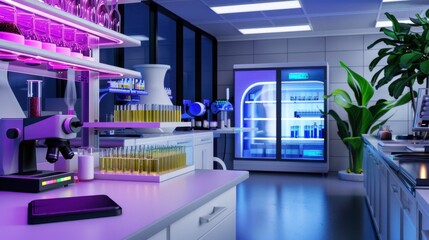 Modern laboratory interior with advanced equipment, test tubes, and vibrant lighting in a clean and sterile environment