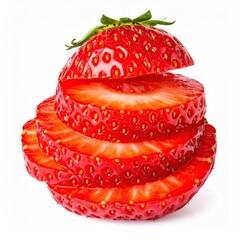 Sliced ripe strawberry, stacked neatly, with green leafy stem