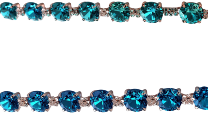 Shimmering rows of brilliant blue and teal faceted gemstones creating an elegant decorative pattern, perfect as a luxurious trim or radiant design element on a crisp white background
