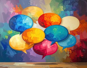 Colorful abstract painting of overlapping speech bubbles on a textured background