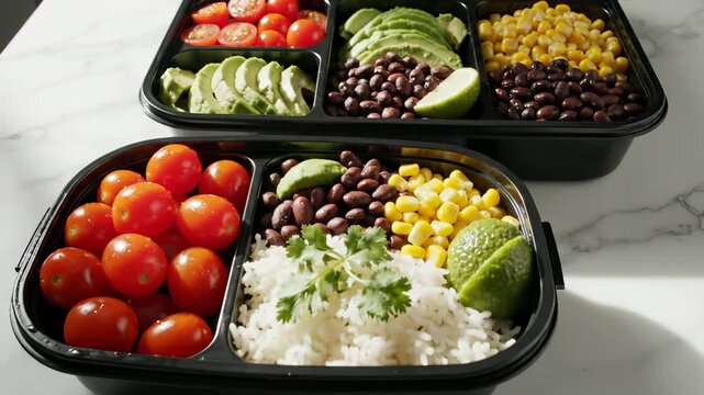Meal prep containers filled with fresh vegetables and beans. Healthy food portions with avocado tomato corn. Meal planning boxes contain beans rice vegetables. Prep containers for healthy eating.
