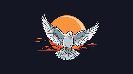 Obraz premium Stylized vector illustration featuring a majestic white dove soaring with outstretched wings against a radiant orange sun, symbolizing peace, freedom, and hope