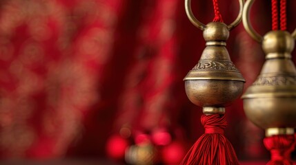 Obraz premium Elegant Traditional Decorative Ornaments with Red Textiles in Background for Festive Celebrations and Cultural Events