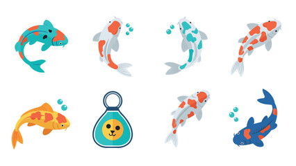 Colorful koi fish collection with bubbles and fishbag cartoon design