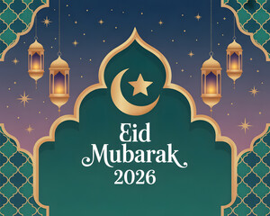 Elegant Eid Mubarak 2026 Celebration Greeting with Golden Crescent Moon and Stars